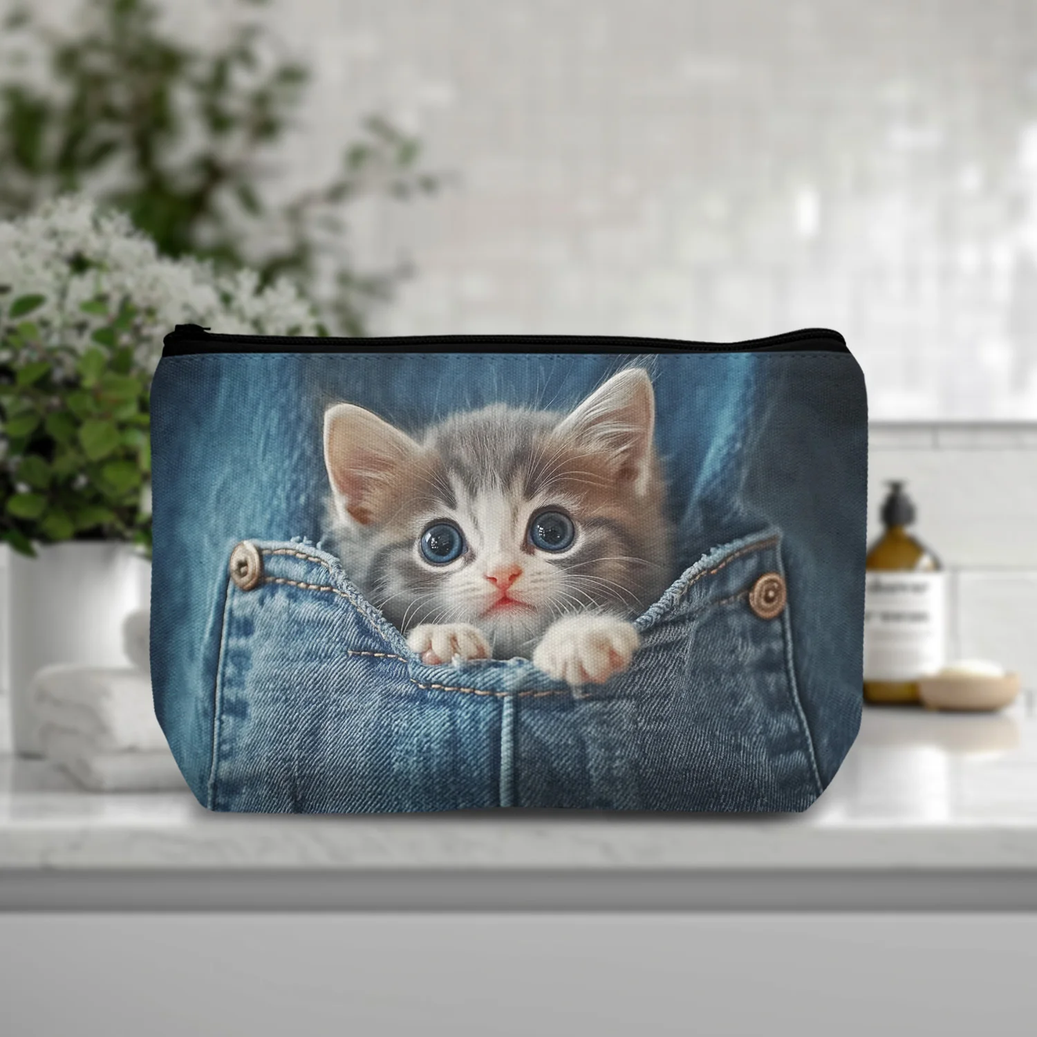 Schattig katje jeans zak make-up tas polyester toilettas casual clutch cosmetisch zakje met ritssluiting opbergorganisator