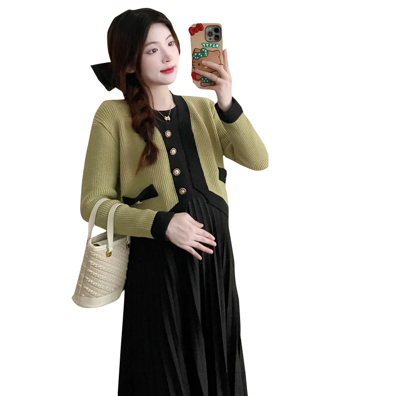 Winter Korean Style Pregnancy Knitted Cardigan+Slimming Pleated Nursing Dress Two Pieces Set Maternity Breastfeeding Clothes Set