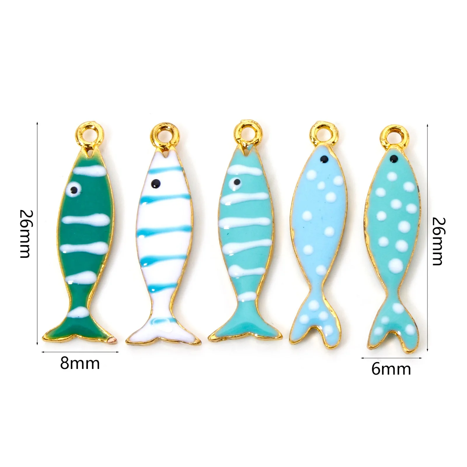 5 Stück Fisch, blau, grün, emaillierte Pailletten, Charms, Zinklegierung, Tieranhänger, DIY-Halskette, Ohrringe für Frauen, Schmuckzubehör – Detail 1