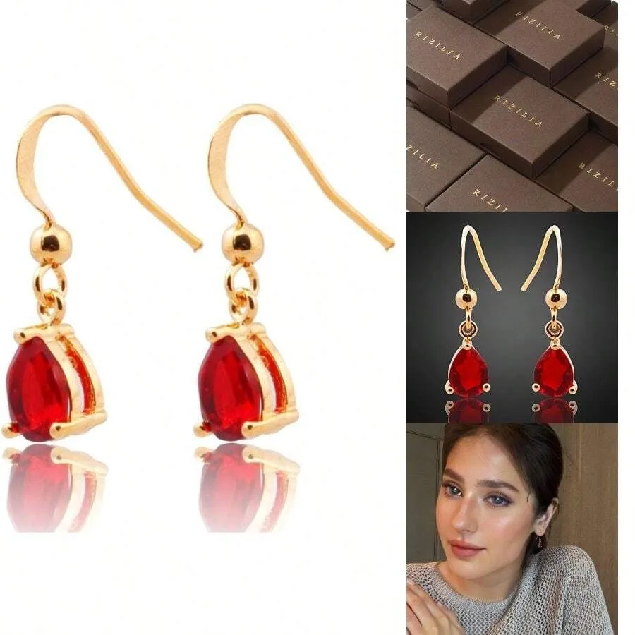 

Dangle Drop Pierced Earrings With Pear Cut CZ In 18K Yellow Gold Plated, Elegant
