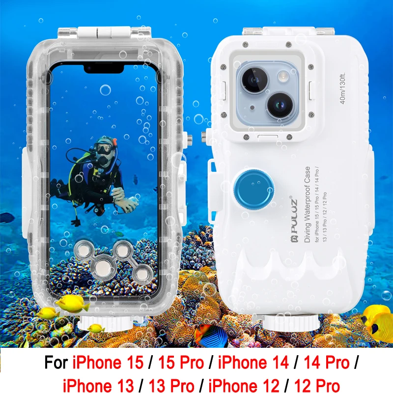 

PULUZ водонепроницаемый чехол для дайвинга для iPhone 15 15 Pro / 14 14 Pro / 13 12 Pro 40m Подводный корпус фото-и видеосъемка чехол