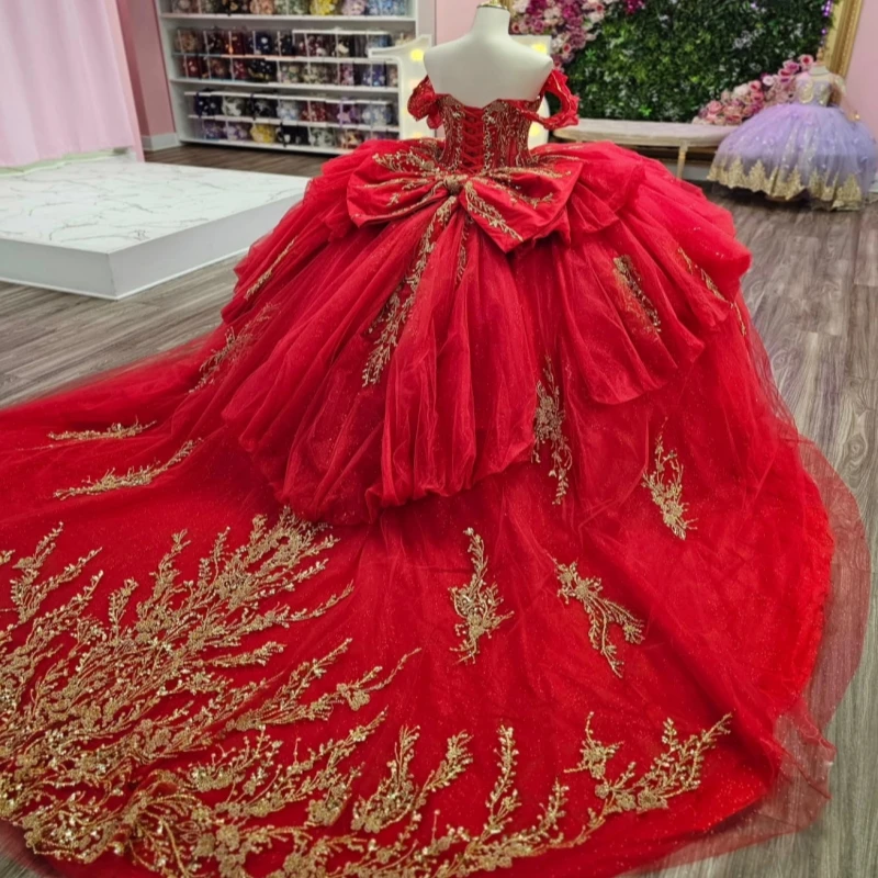 فساتين Quinceanera الحمراء قبالة الكتف الذهب زين الدانتيل الديكور كريستال القوس تول مشد حفلة عيد ميلاد الحلو 16 فستان Vestid #2