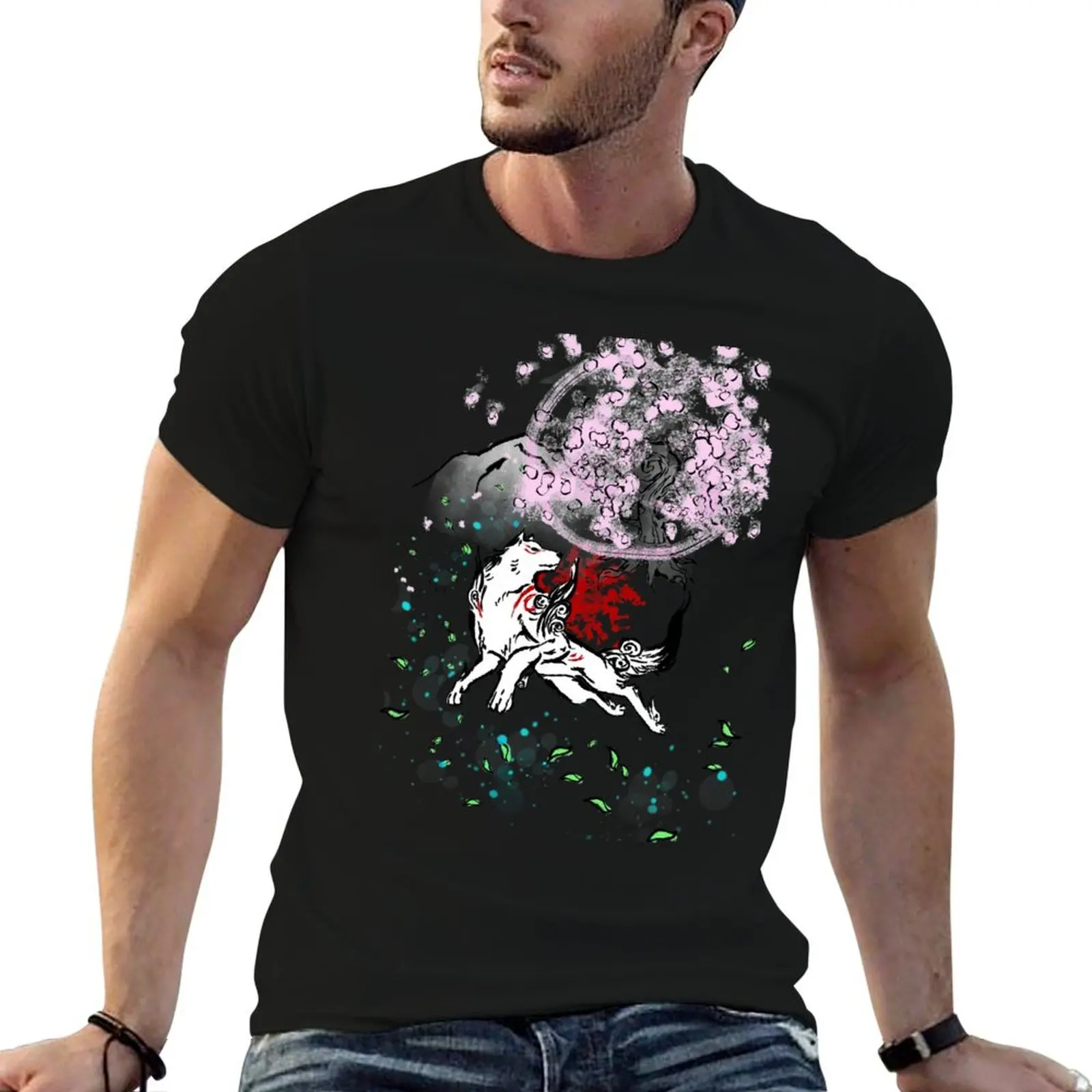 

Amaterasu Okami with Cherry Blossoms T-Shirt black cotton t-shirt plain for man package t shirt man luxury T-Shirt