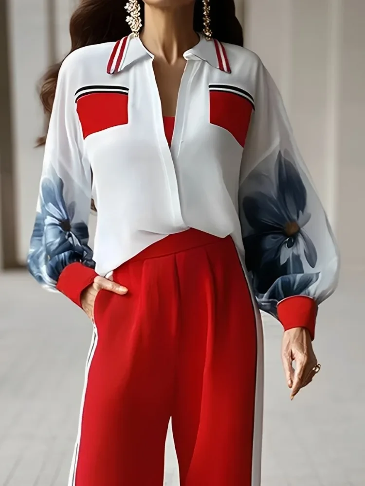 

UOOZEE 2026 Women Vintage Floral Printed Contrast Color Striped Lapel Blouses Puff Sleeves Loose Casual Office Work Shirt Tops