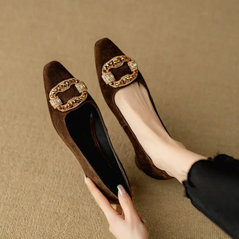 

NEW Spring/Autumn Women Pumps Square Toe Chunky Heel Shoes Sheep Suede Leather Shoes For Women Rhinestone Square Button Shoes