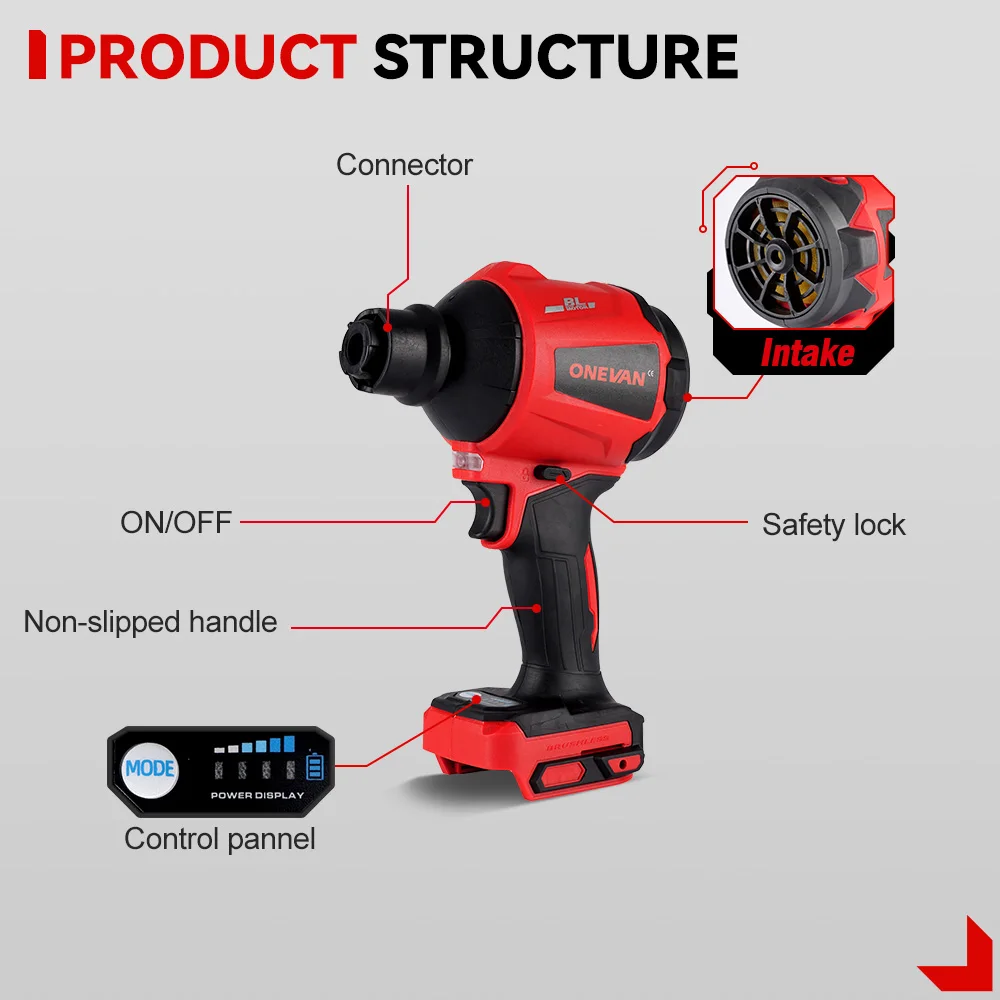 أدوات منفاخ بدون فرش بقدرة 1500 وات من ONEVAN 80000 دورة في الدقيقة متعددة الوظائف منفاخ غبار الهواء الكهربائي اللاسلكي مع فوهة لدبوس بطارية ماكيتا
