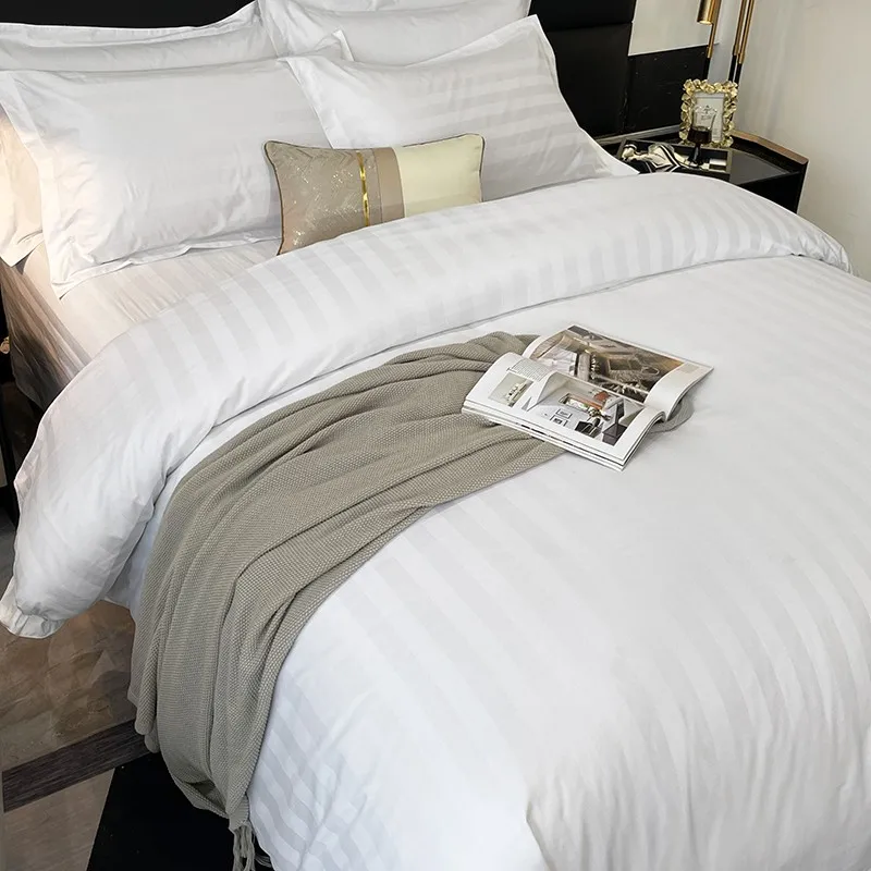 White Grey Stripe Premium Hotel Bedding Set Double Queen Super King Soft Comfortable Duvet Cover Flat/Fitted Sheet Pillowcases