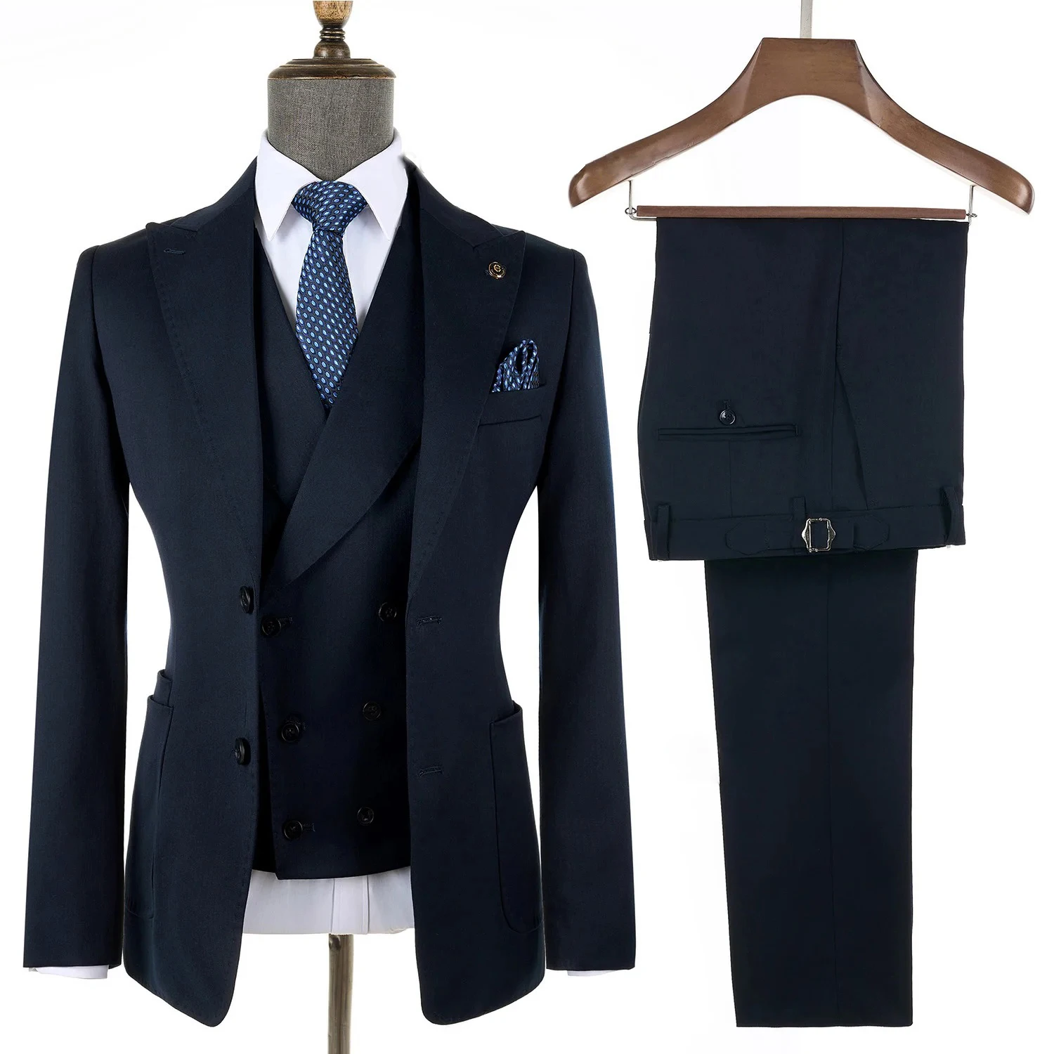 Men Suits Navy Blue Black Stripe with Patch Pocket Meeting Wedding Daily Use Blazer Vest Pants 3 Pieces Set