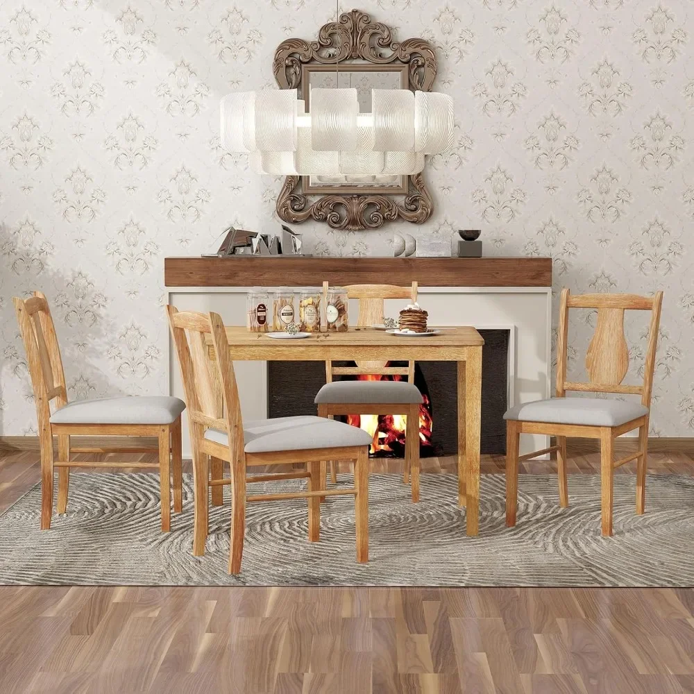 5-Piece Dining Table Set, Rectangular Dininer Table with 4 Upholstered Chairs for Family, Retro Solid Wood Dining Room Set