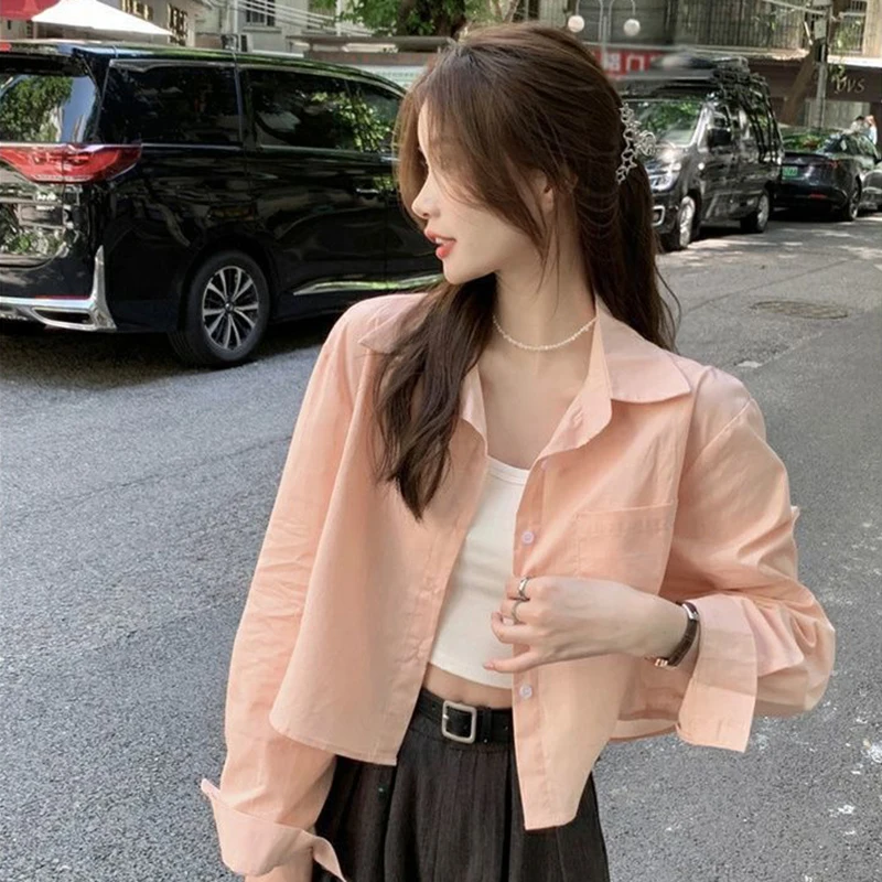 Pink Shirt Women Summer Fashion Casual Long Sleeve Crop Tops Korean Sweet Streetwear Chic Turn Down Collar Pink Blouse New