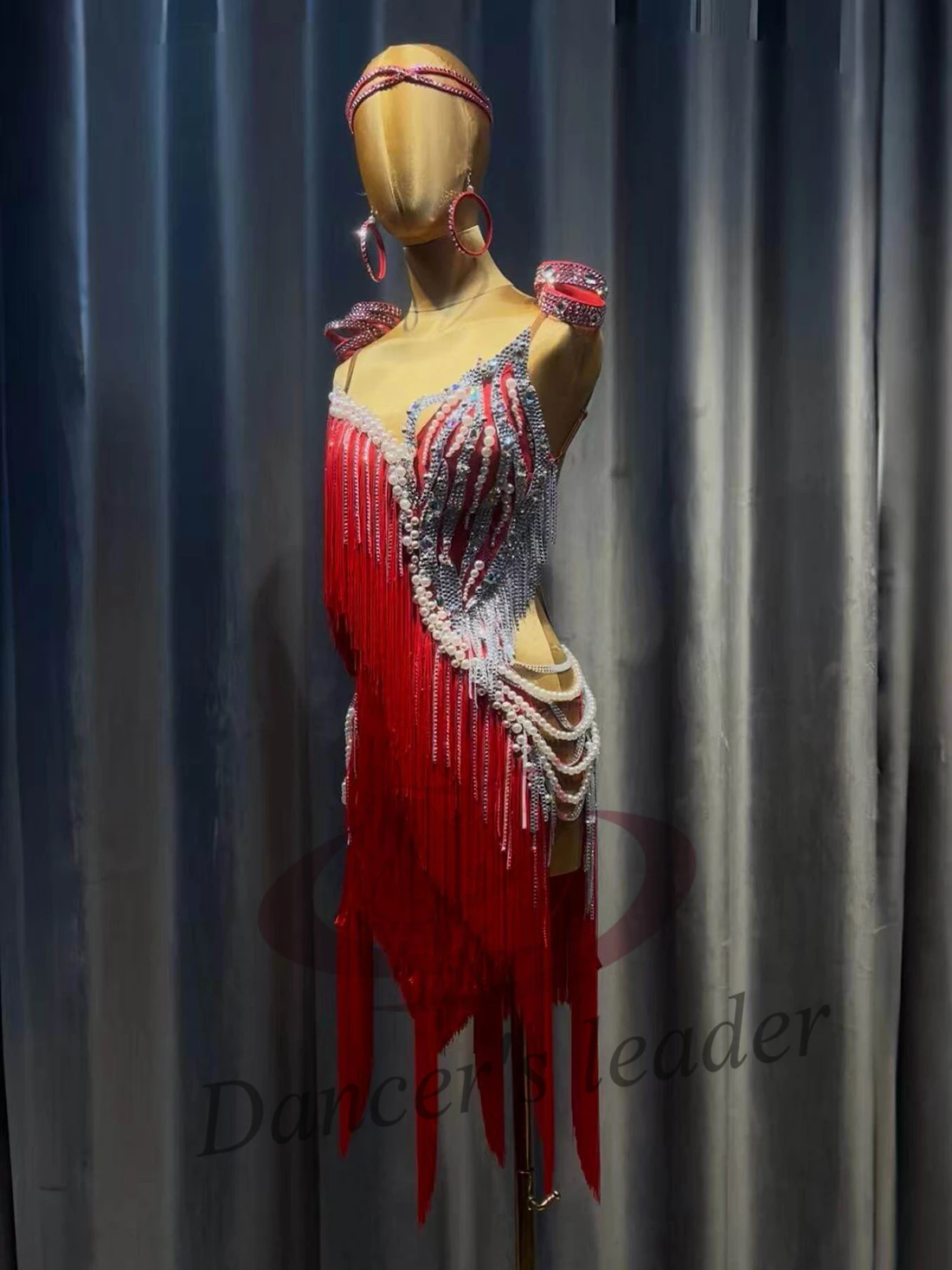 Latin Dancer Adult Children High end Customized Rose Red Split Wave Dynamic Tango Samba AB Stone Performance Dress