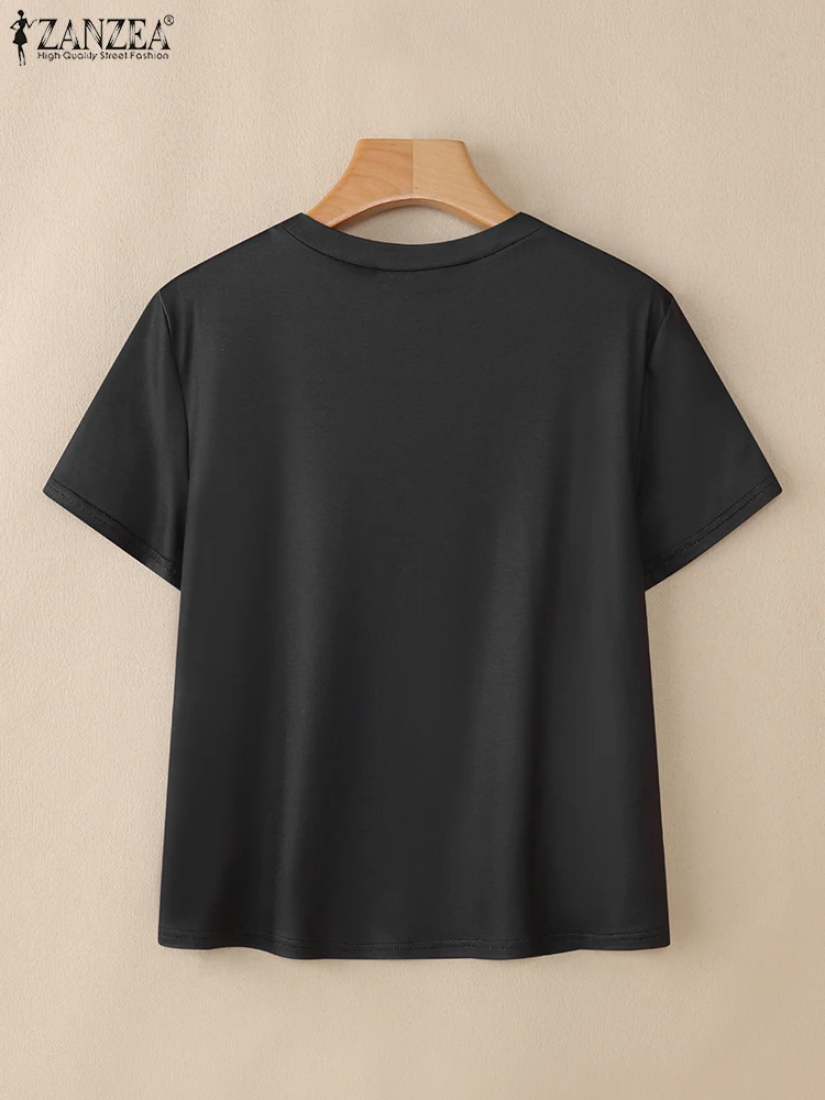 ZANZEA Fake Two Pieces Printing T-Shirts Woman Summer 2025 O-Neck Short Sleeve Contrast-Color Lace Hem Tees Korean Fashion Tops - Image 5