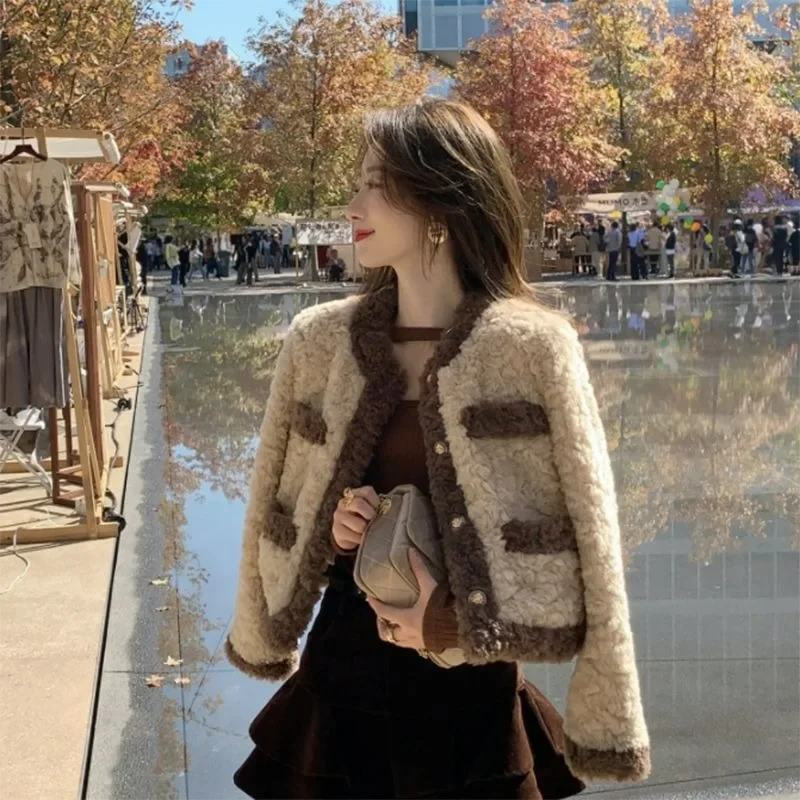 New Short Faux Lambskin Coat Women Autumn Winter Retro Loose Cotton-padded Plush Top Fashionable Simple Warm Women's Clothing