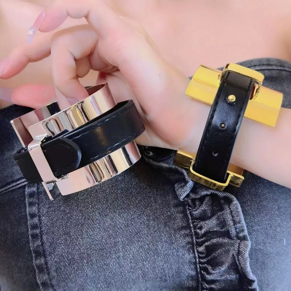 Armlet Exaggerated Metal Bangle Golden Silver Belt Buckle Leather Bracelet Punk Style Accessories Women Open Bangle Girls