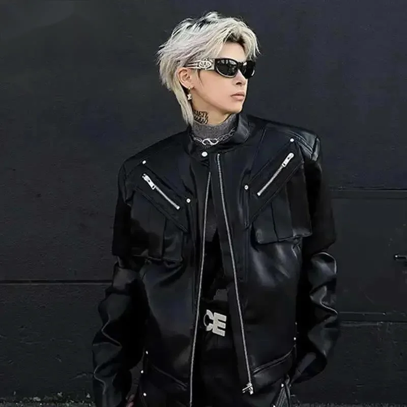 2025 New Men's Short Motorcycle PU Leather Jacket Darkwear Long Sleeve Zipper Design High Street Male Coats ZSXD34