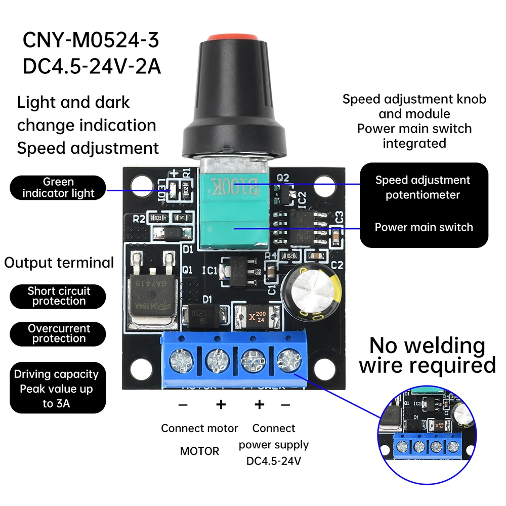 

DC 4.5-24V 2A DC Motor Speed Controller Fan Speed Control Module Brushed Control Module Built-in Power Switch LED Dimmer