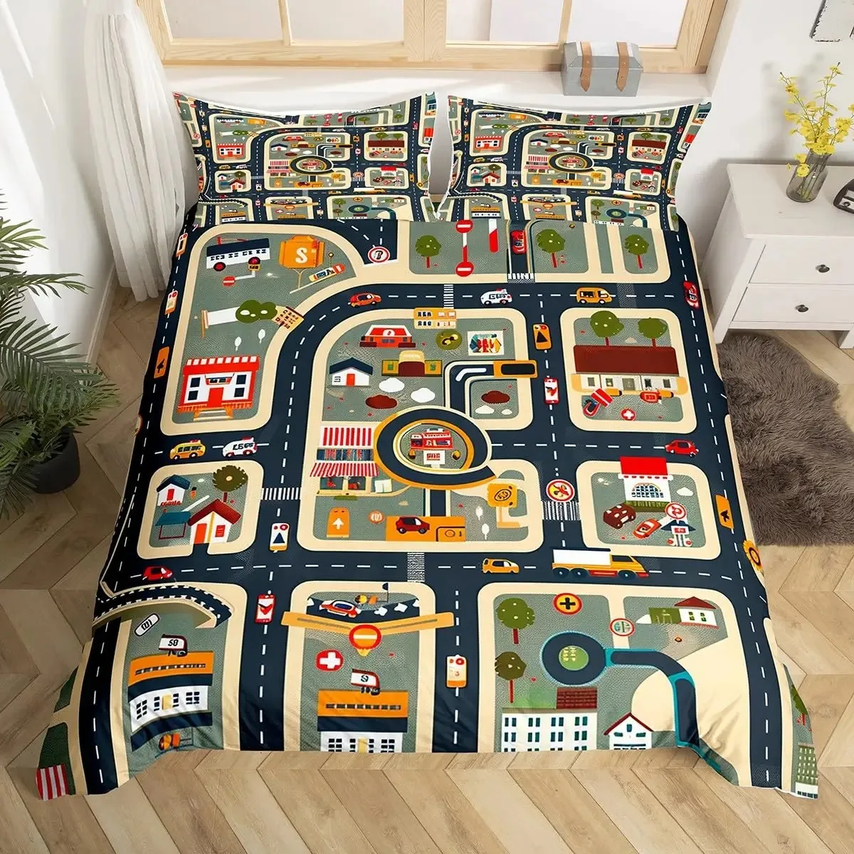 

Cartoon Car Duvet Cover Kids City Traffic Road Map Bedding Set for Boys Room Decor,Geometric Lines Street Car Comforter Cover