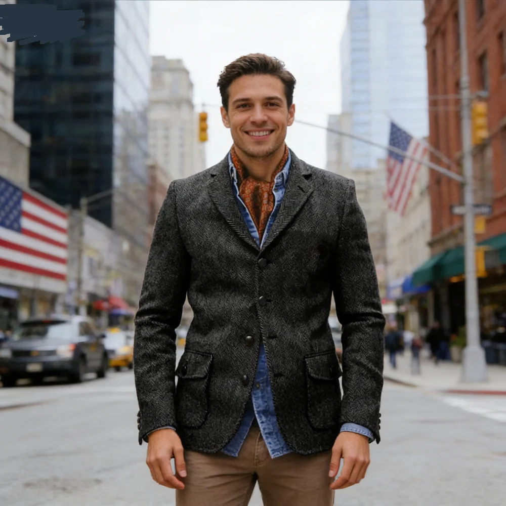 

(Apenas casaco) terno masculino espinha de peixe marrom блейзер для курения воздуха baile tweed one breasted премиум botões bussiness_ca