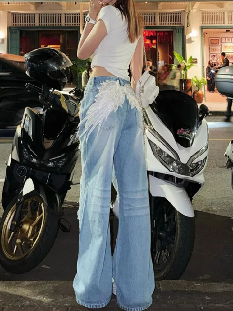

American Style High Waist Embroidered Denim Jeans Women Summer Casual Loose Wide Leg Pants Casual Wear Folded Hem