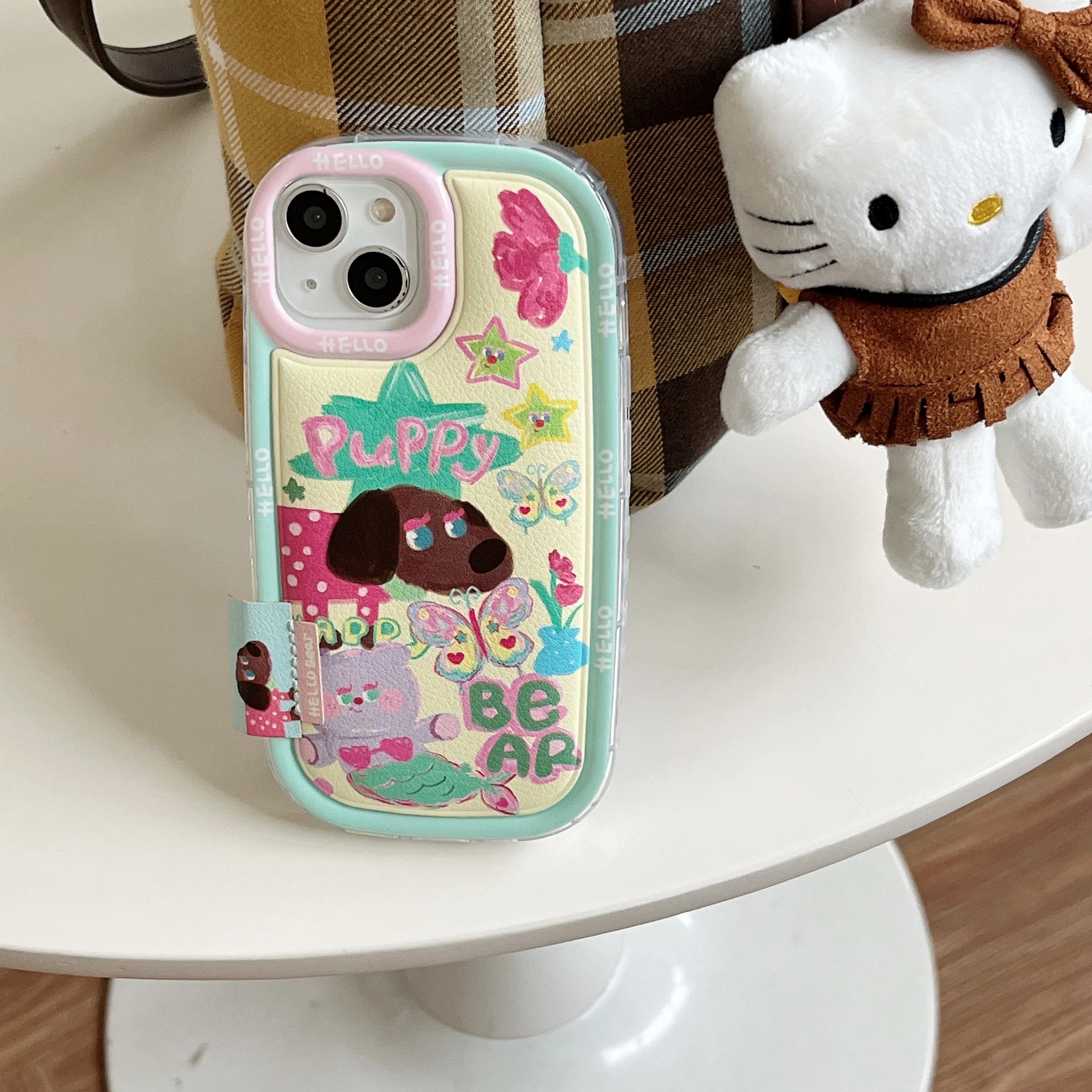 Cartoon INS Crayon Painting Bear & Puppy Oval Puff Phone Case for iPhone 16 15 14 13 Pro Max Back Phone Cover for 12 11 Funda