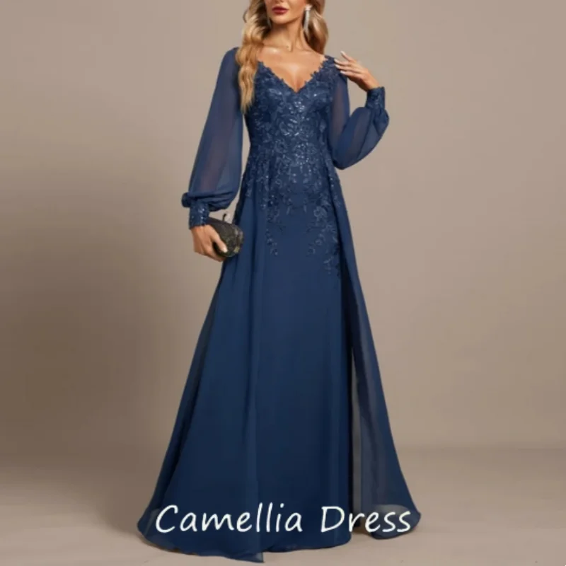 A-Line Full Sleeve Sequined Lace Appliques Formal Evening Dress Modern Chiffon Navy Blue Mother of the Bride Dresses V-Neck Gown