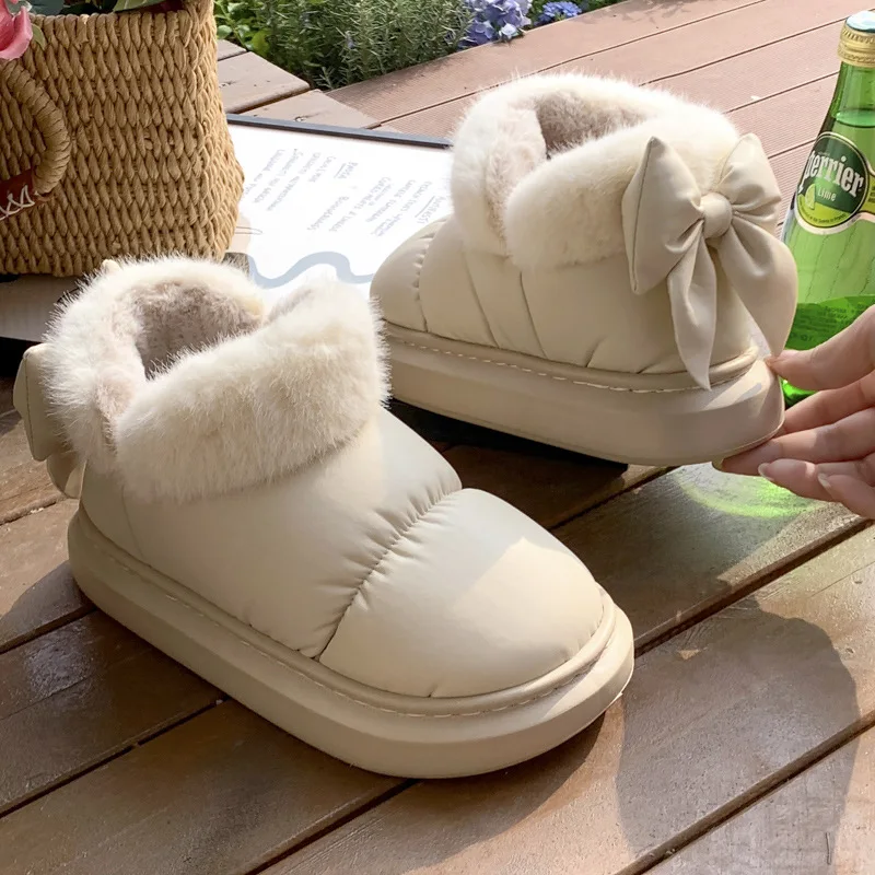 Down Velvet Cotton Slippers with Bow,Winter Indoor Keep Warm Casual Non-slip Soft Sole Plush Shoes,Waterproof Boots