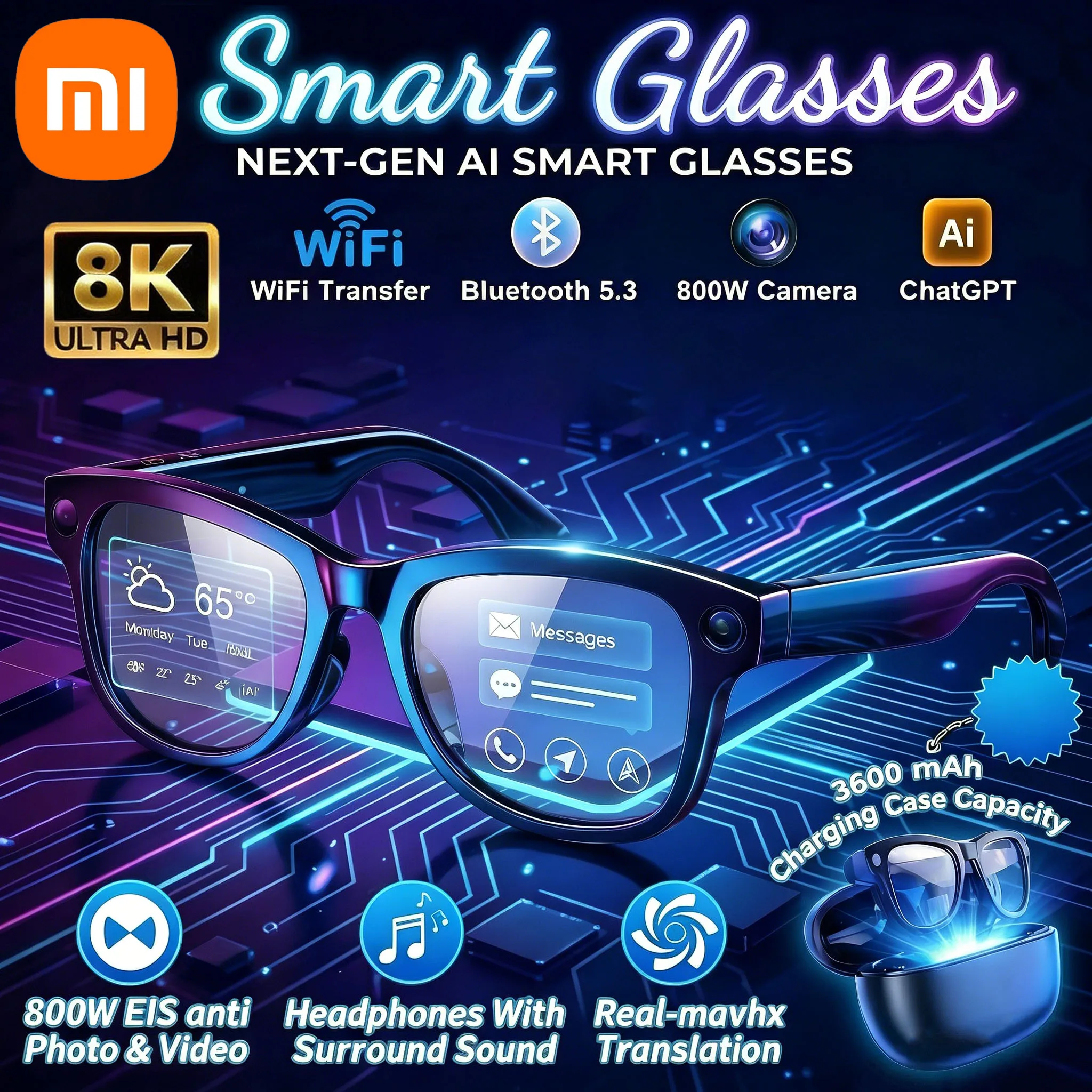 �y�Z�[�����zXIAOMI�X�}�[�gAI�O���X 8MP HD 8K�B�e�J���� �ʐ^���� �����ʘb �|�� �h�� Bluetooth AI�o�C�N�p�O���X