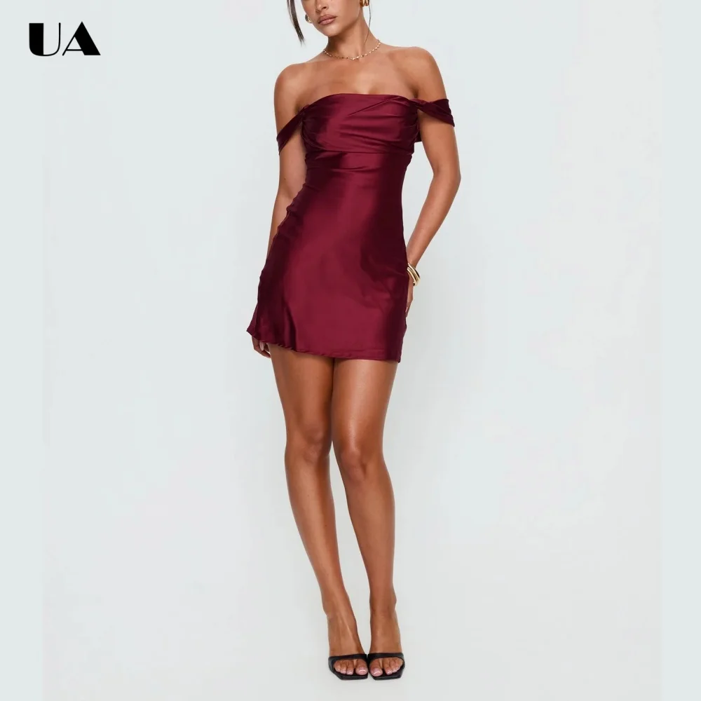 

ULBYANRY Summer New Solid Off-the-shoulder Mini Dress Elegant Satin Cocktail Party Dress Customized Draped Short Dress for Woman