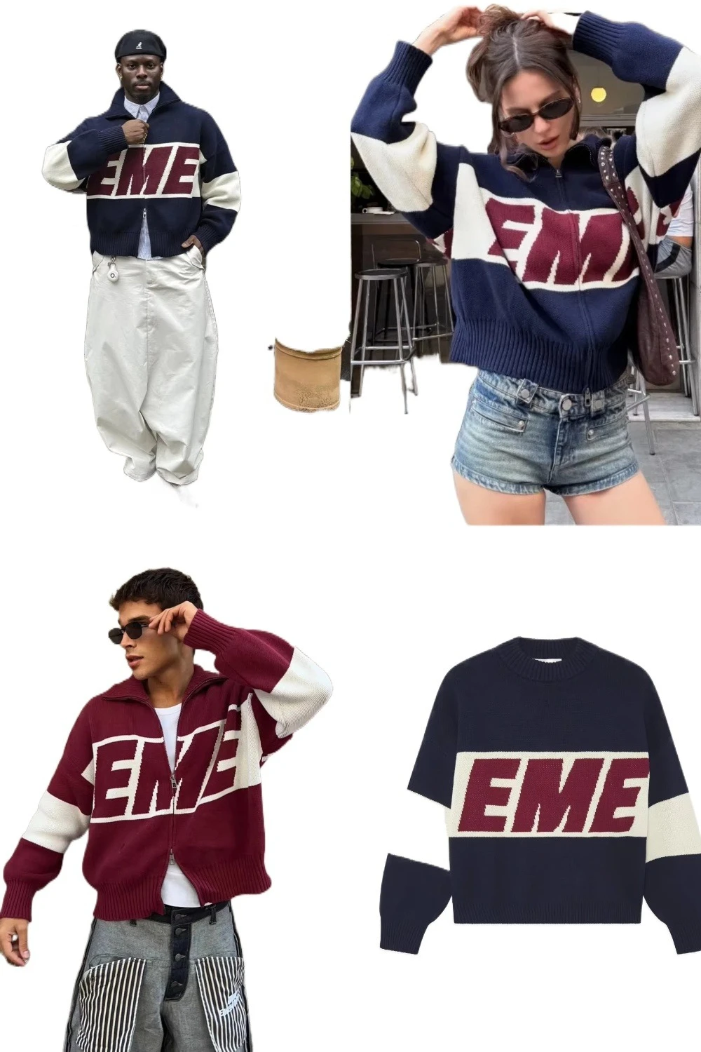 EMESTUDIOS شارع العليا Harajuku الربط سستة محبوك سترة الرجال والنساء سترة غير رسمية الأمريكية رسالة معطف مطرز