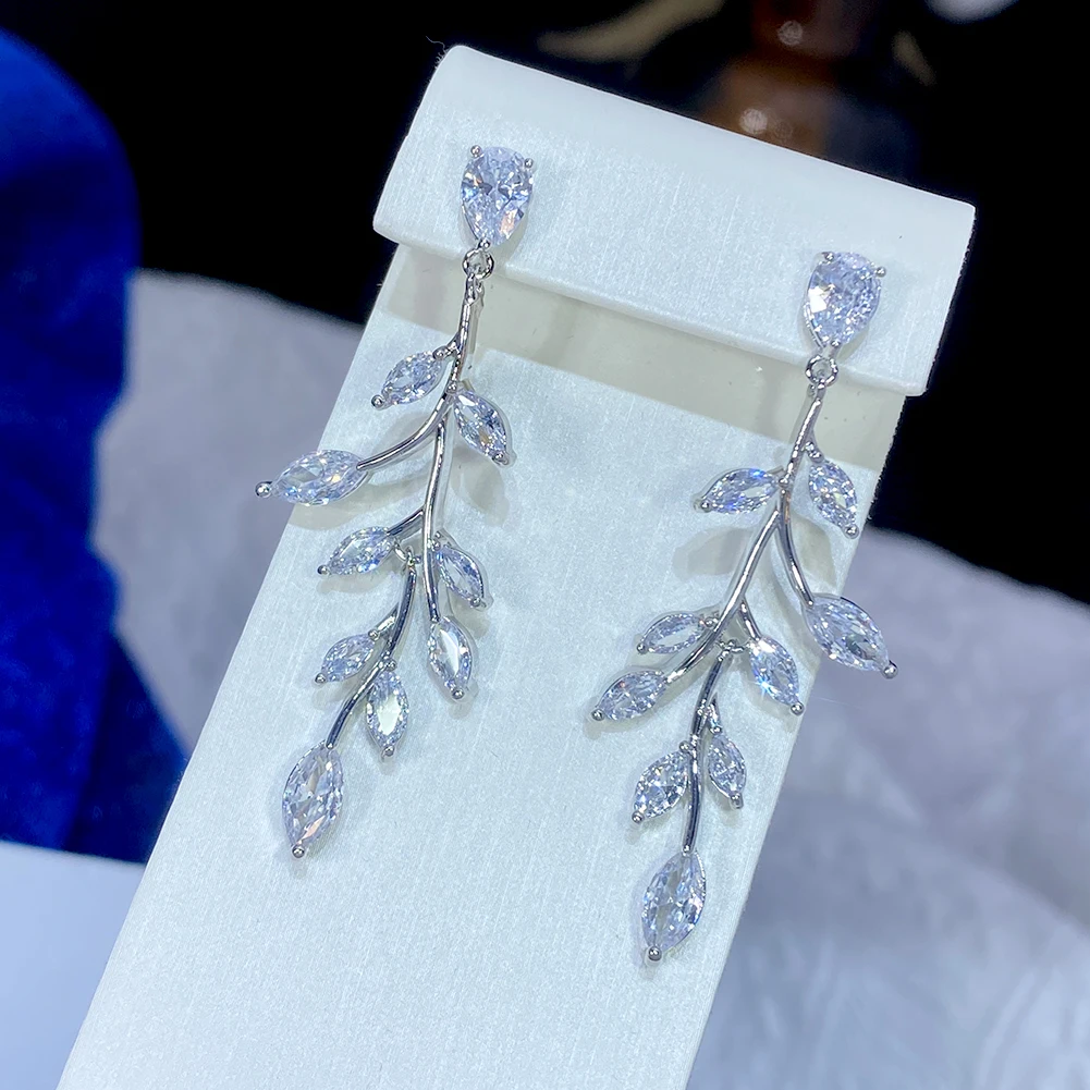 Sparkling Cubic Zirconia Long Draping Leaves Wedding Earrings For Women Costume Jewelry Accessories Girls Gifts Free Shipping