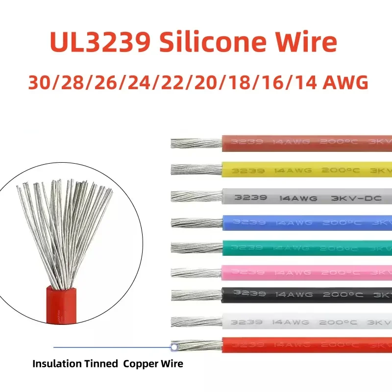 UL3239 3KV Flexible Soft Silicone Wire 30/28/26/24/22/20/18/16/14 AWG Insulation Tinned  Copper Wire LED Electronic Cable