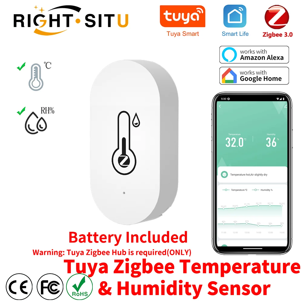 Tuya Zigbee Temperature Humidity Sensor SmartLife Remote Monitor For Smart Home Workwith Tuya Zigbee Hub