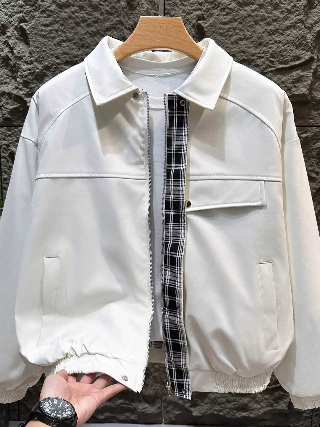 

Двусторонняя кожаная куртка в американском ретро-стиле для мужчин, модная, с клетчатыми вставками, весенне-осенняя, свободного кроя, повседневная, размер S