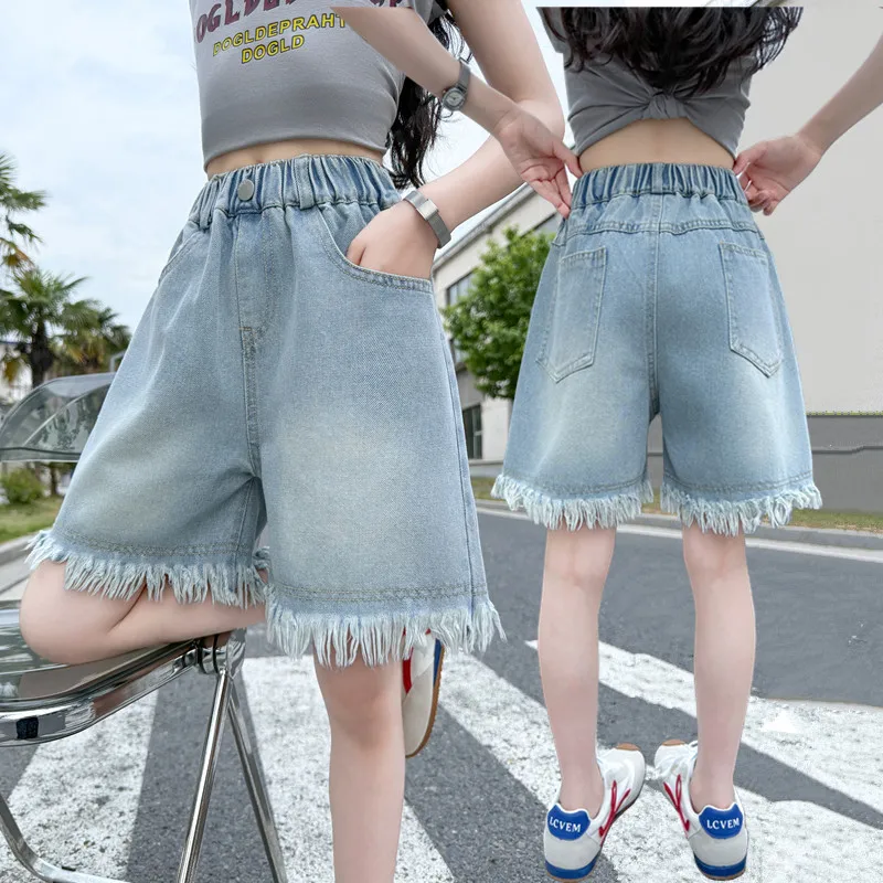 New Summer Kids Girl Loose Straight Knee-Length Jeans Pants with Raw Hem for Tweens Child Casual Solid Denim Shorts High Quality