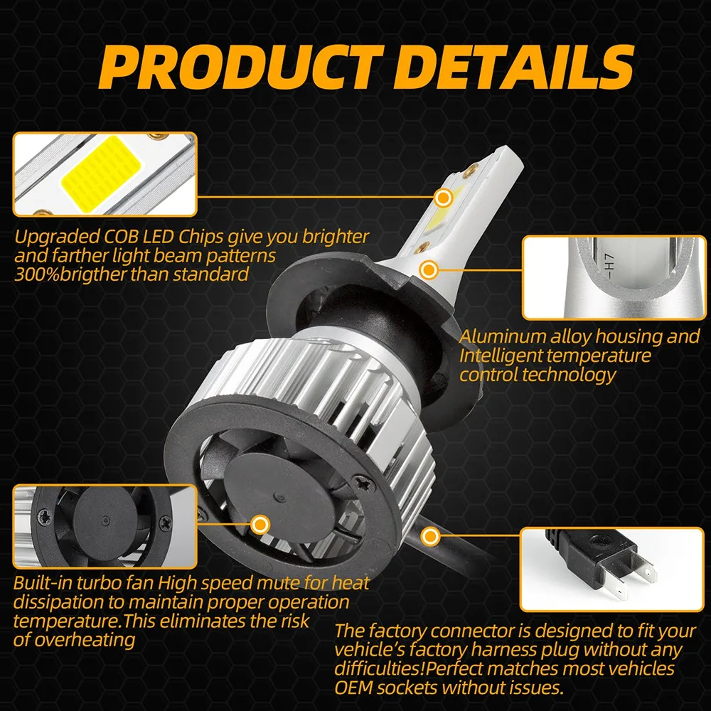 Farol LED High Low Beam Kit, lâmpadas brancas, H7, 4000W, 30000LM, 2 pcs