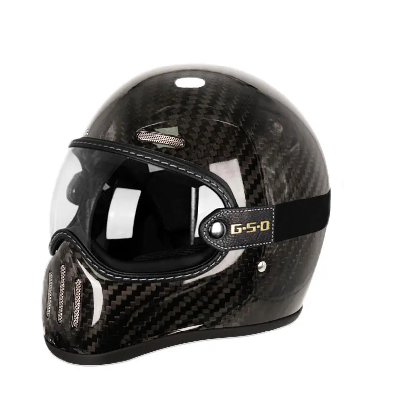 New Retro Carbon Fibre Full Face Helmet，Personality Lightweight Shell Locomotive Motorcycle Helmet With Wind Mirror Combination