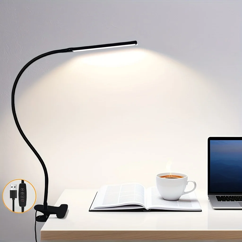 

Настольная лампа со светодиодным зажимом, лампа для чтения, гибкая настольная лампа для ухода за глазами на гибкой стойке, 10 яркости с регулируемой яркостью, 3 режима, USB-зажим для чтения