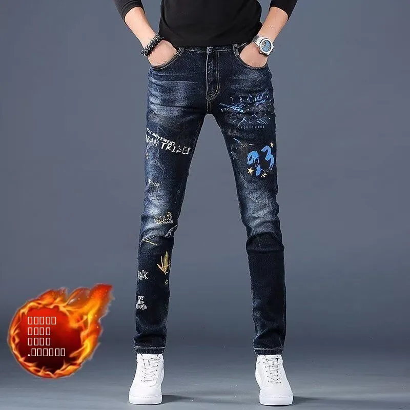 

Slim Fit Straight Leg Men's Jeans Elastic Casual Long Trousers Autumn Winter New Sle Youth Faion Retro Classic Jeans