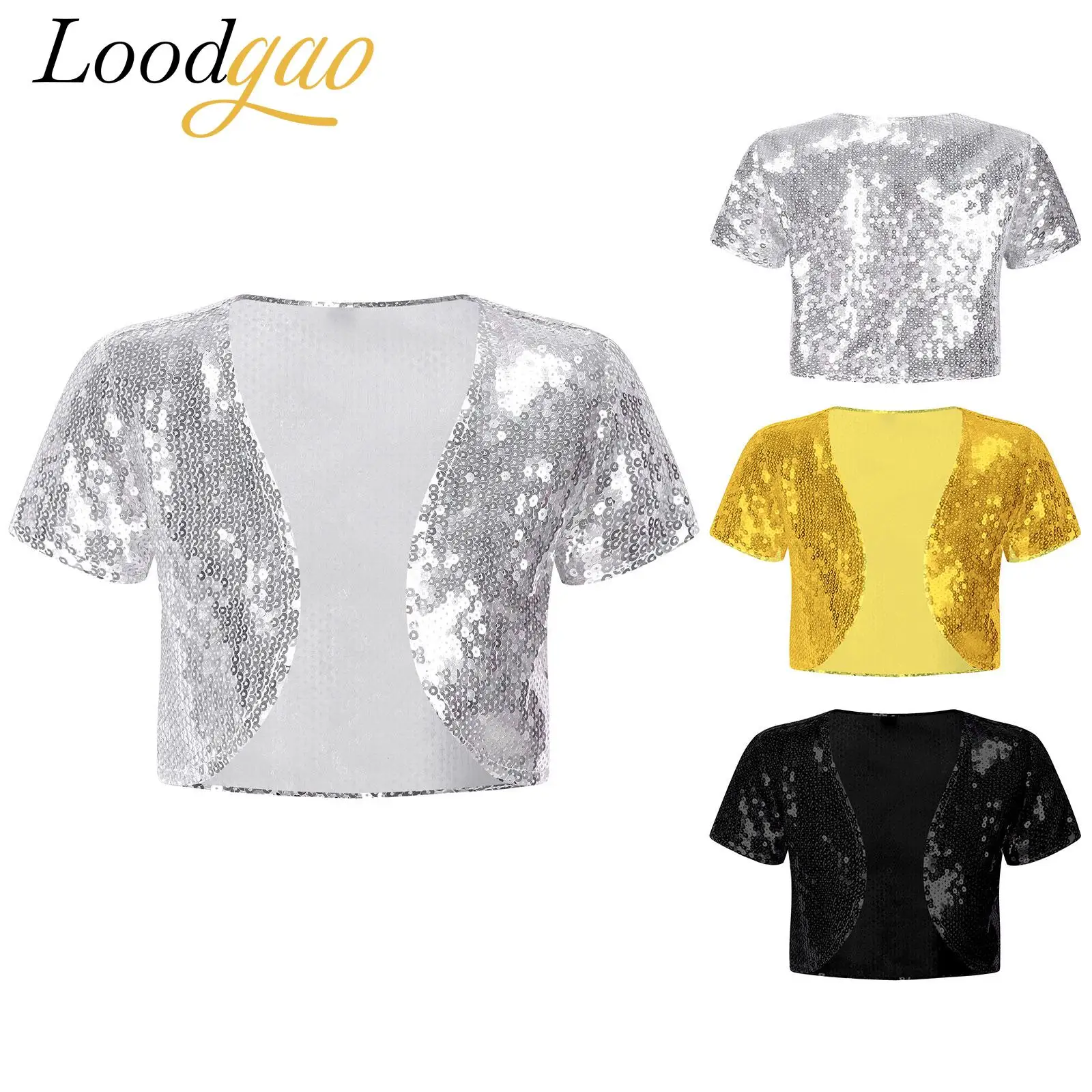Girls Hip Hop Party Outfit Streetwear Sequins Bolero Cardigan Open Front Fashion Short Sleeve Jacket Child Street Dance Costume