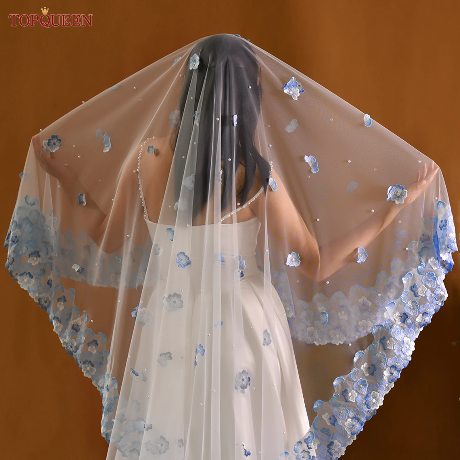 topqueen-m42a-大聖堂レースアップリケウェディングベールブルーレーストリムブライダルベールブラッシャー付きウェディングアクセサリーカスタマイズ可能