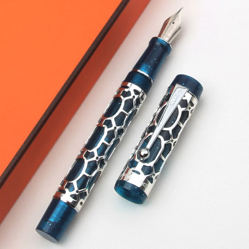 

High Quality S925 Silver Skeleton Fountain Pen Deep Blue Transparent Vacuum Filling Pen with 18KGP Silver Plated Smooth Nib