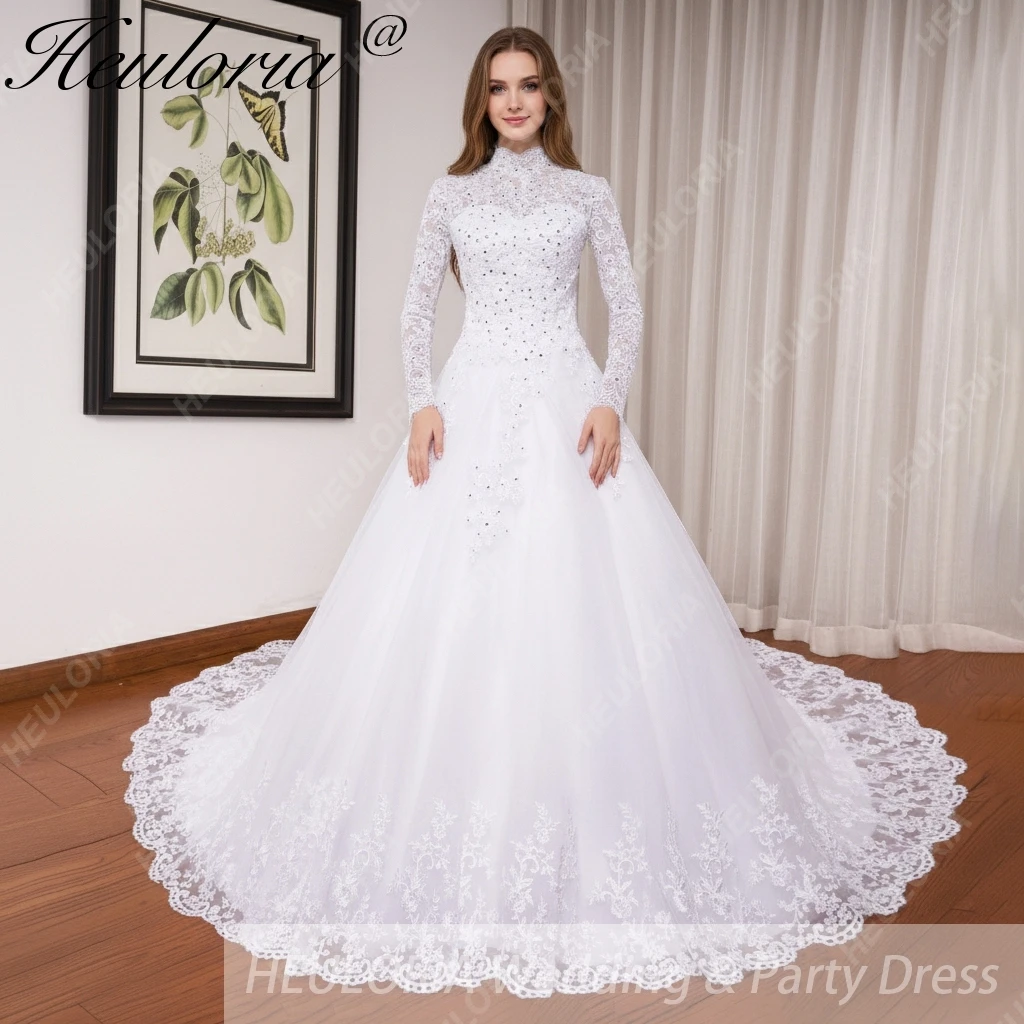 

HEULORIA elegant Wedding Dress long sleeve bride dress high neck lace beading robe de mariee musilm Bridal Gown