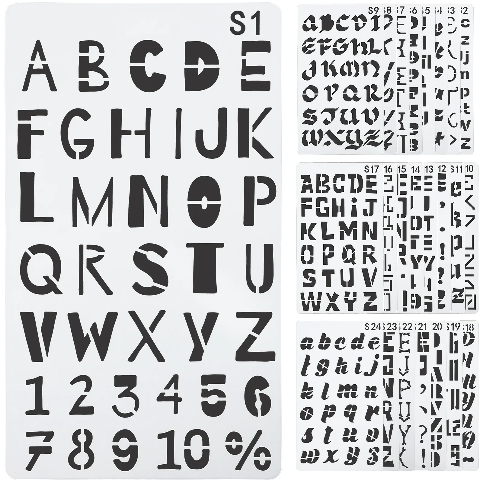 

24 Sheets English Letters Hollow Painting Templates Durable Pet DIY Stencils for Wood Fabric Canvas Wall Plastic Paper Metal Art
