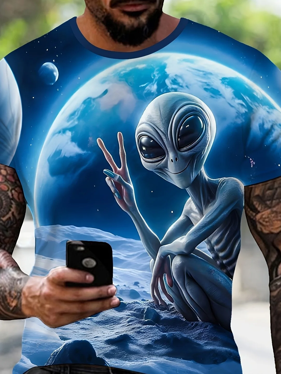 Men's Peace Sign Alien Lunar Surface Earth Galaxy Surreal Print Crew Neck Short Sleeve Sci-Fi Casual Tee Tops