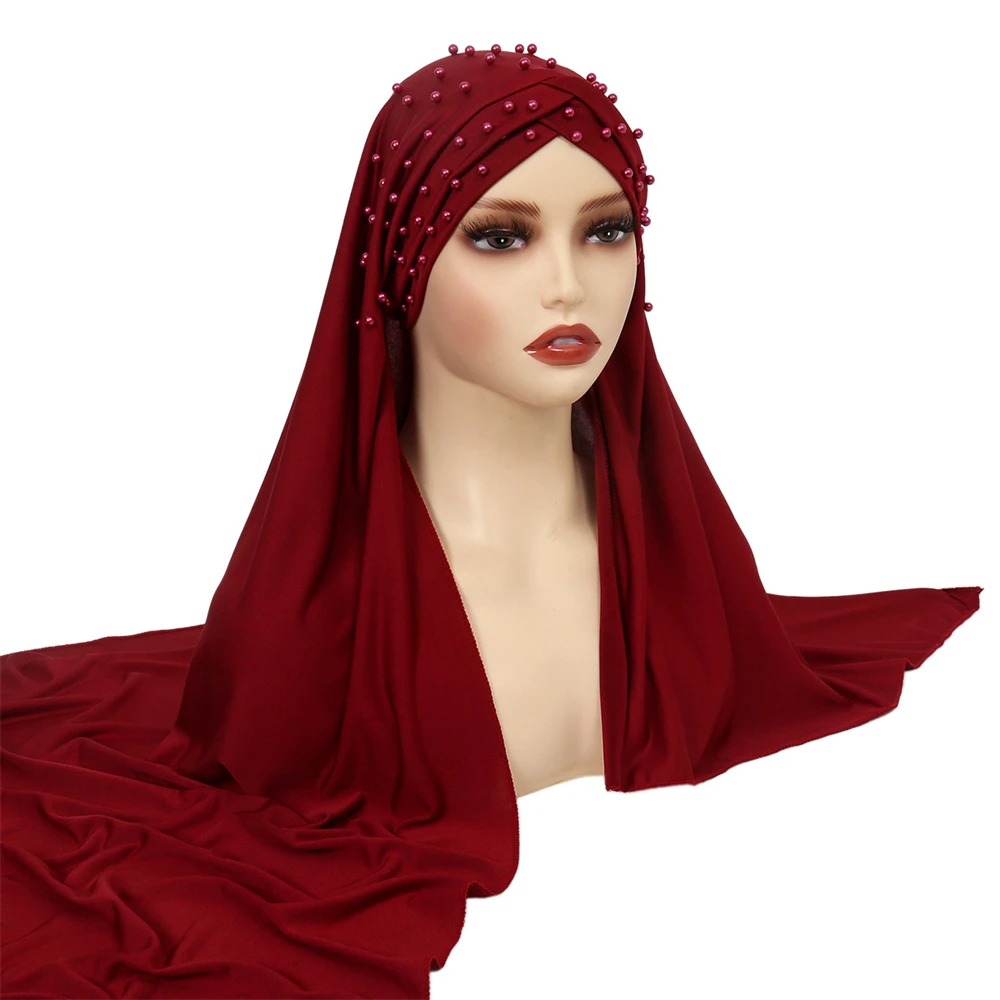 Pull On istantaneo Hijab donne musulmane perline turbante fronte croce sciarpa lunga islamica Amira Headwrap Foulard stola scialle sciarpe nuovo