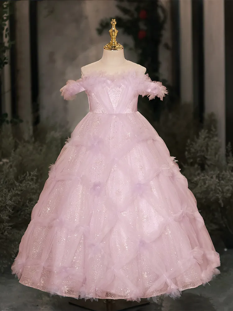 

Custom Off Shoulder Feather Trim Tiered Glitter Tulle Flower Girl Dress Wedding Gown for First Christmas Kids Party Outfit