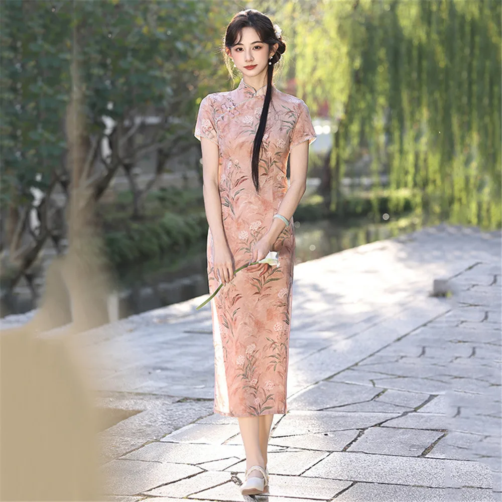 

Chinese Print Satin Long Cheongsam Improvement for Young Women Retro Slim Short Sleeved Qipao