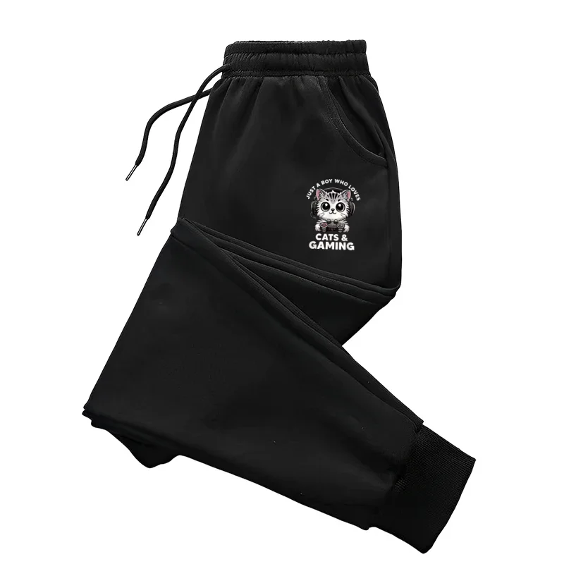 Y2K Cat Gaming Print Joggers Men Gray Casual Drawstring Elastic Waist Streetwear Sweatpants