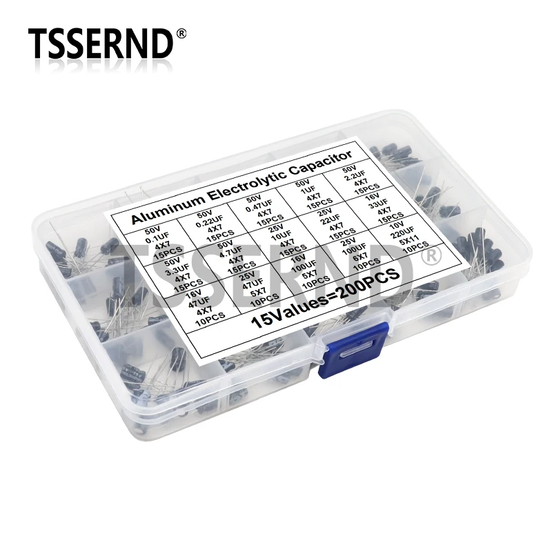 

200pcs Electrolytic Capacitor Assorted Kit 15Values 0.1UF - 220UF 10V 16V 25V 50V 100UF 47UF 22UF 10UF Aluminum Capacitance Box