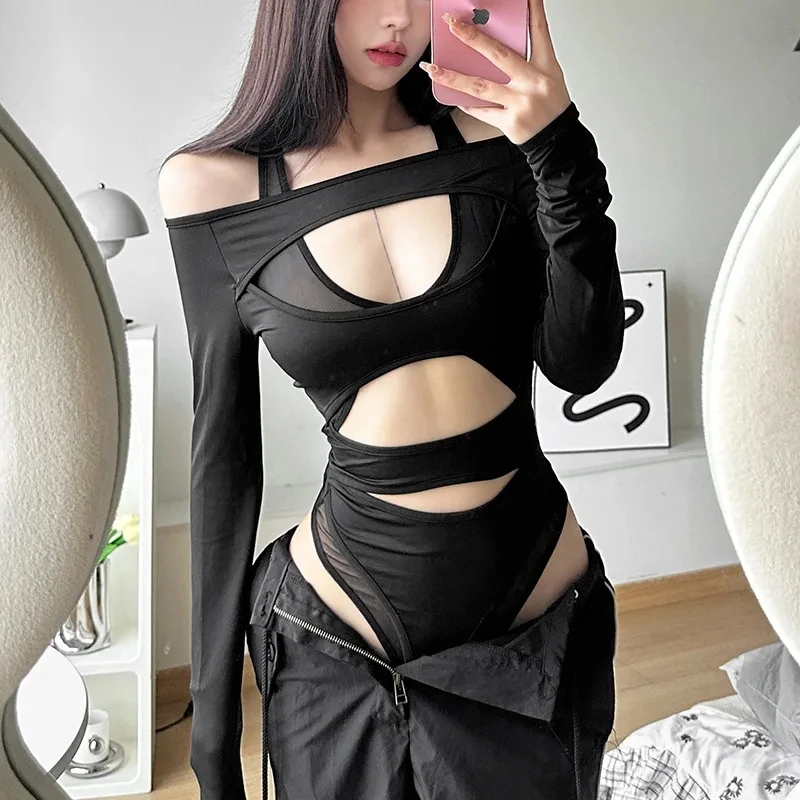 Cyber Y2k Punk Hollow Out Sexy Bodysuits Mall Gothic Bodycon Mesh Sheer T-shirts Women Long Sleeve Patchwork Bodysuit